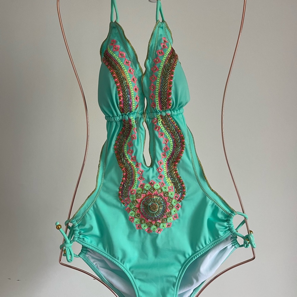 Embroidered beaded Colombian Mexican trikini monokini swimsuit mint/aqua color